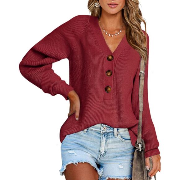 BTFBM Tops - BTFBM Women Long Sleeve V Neck Button Down Sweater Solid Color Ribbed Knit